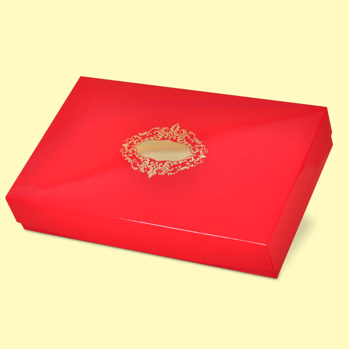Подаръчна кутия с капак 37x23/7, червена с печат - Луксозни картонени кутии